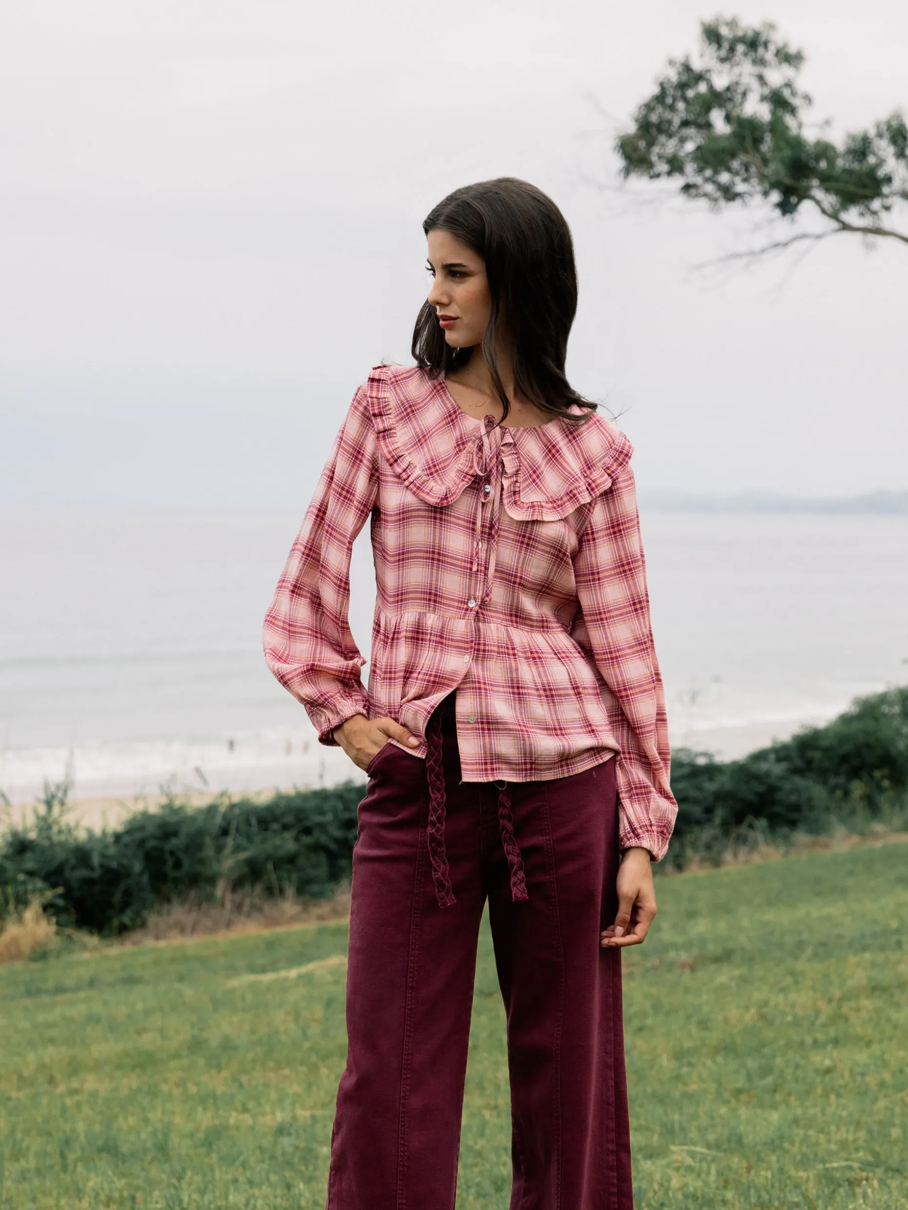 Blusa cuello bobo cuadros rosas