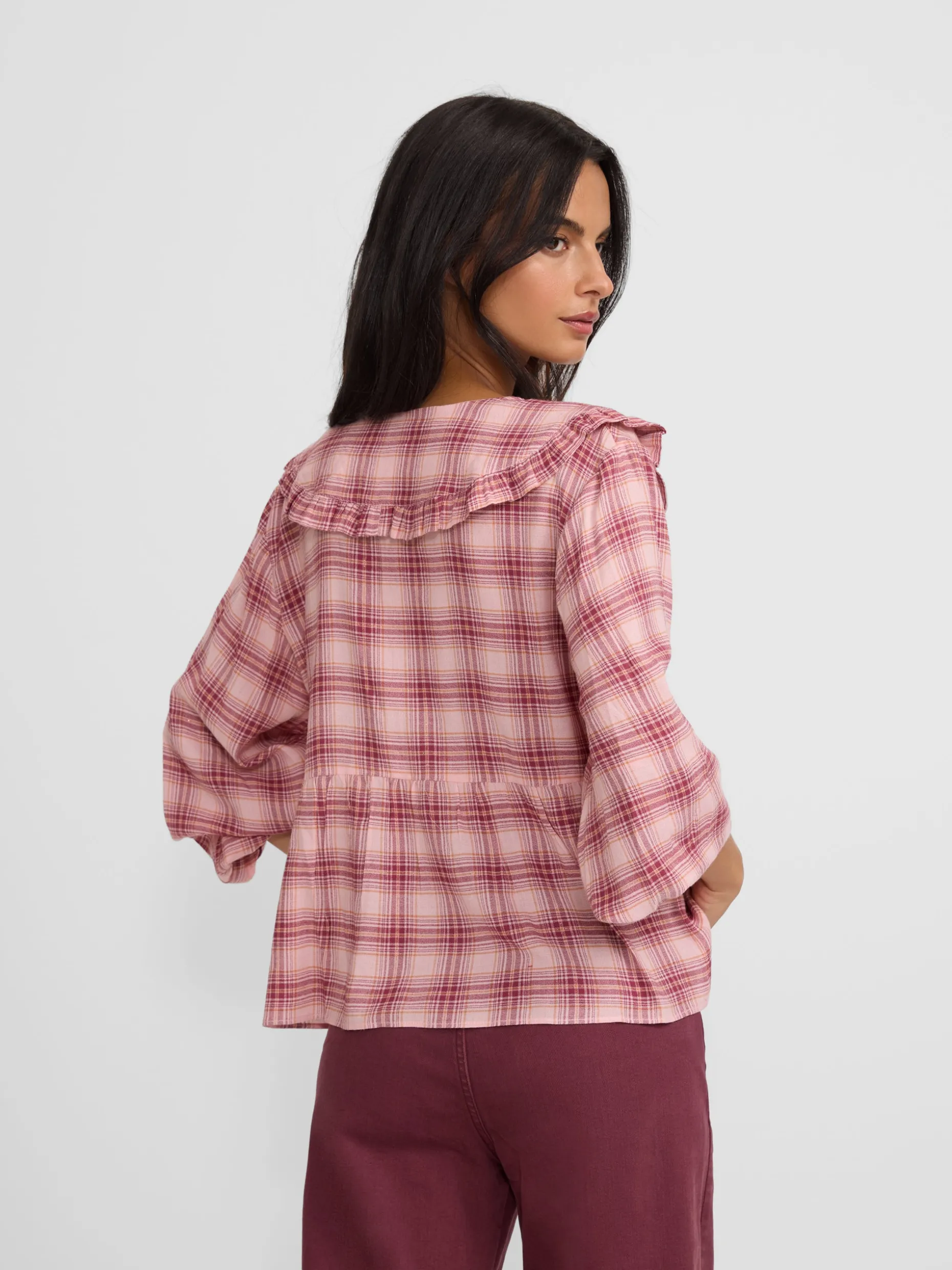 Blusa cuello bobo cuadros rosas