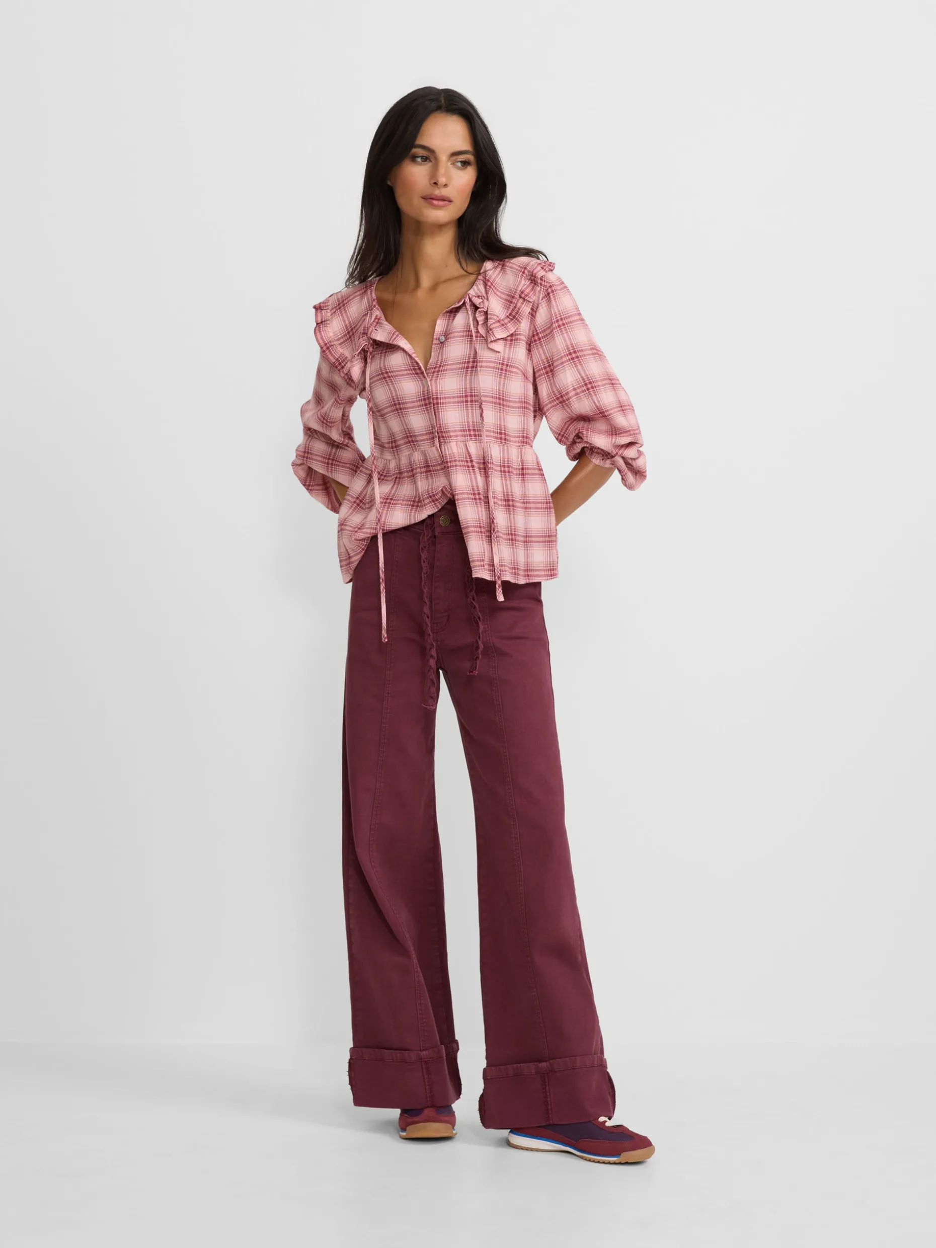 Blusa cuello bobo cuadros rosas