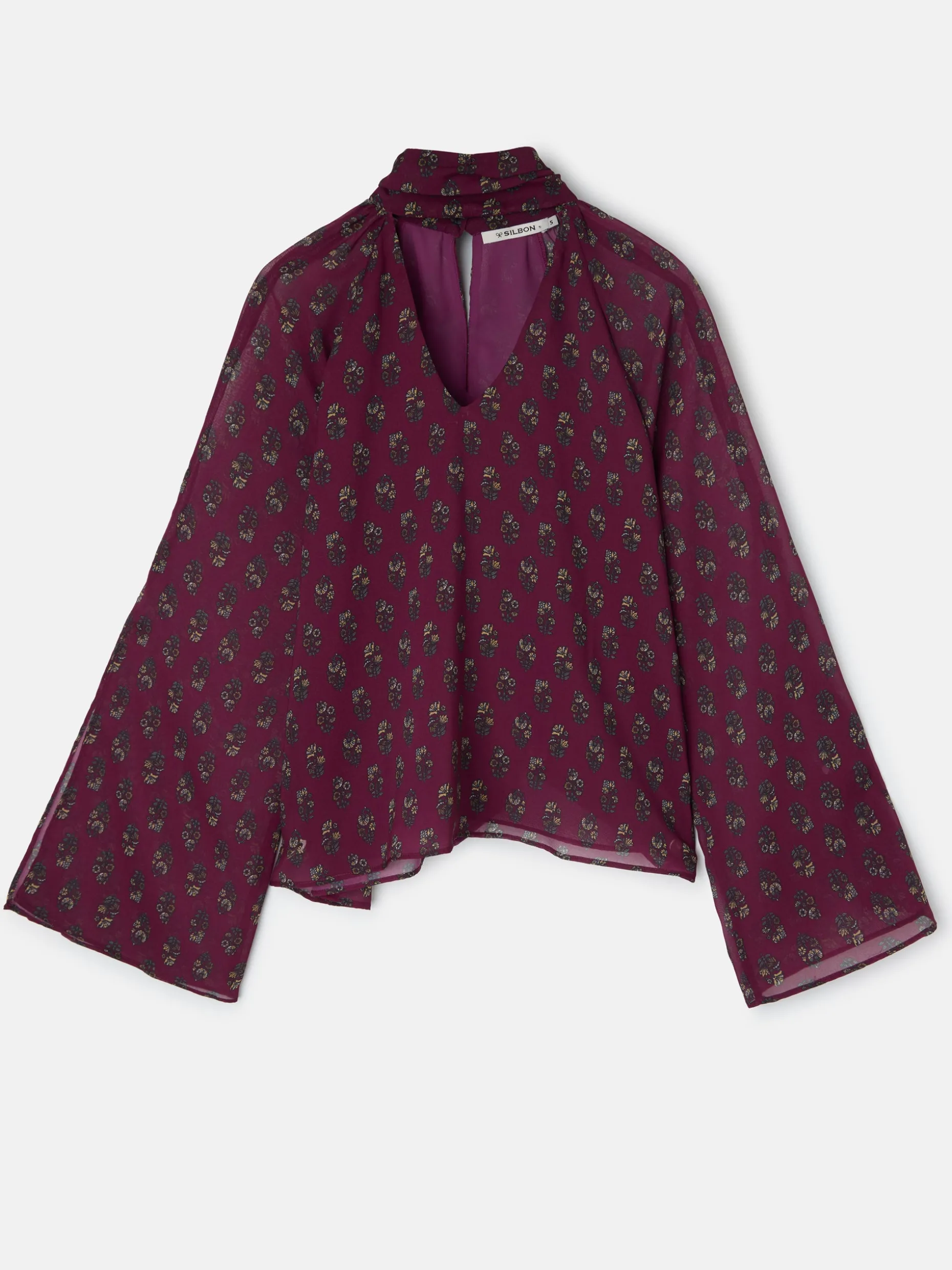 Blusa cuello estampado motivos burdeos