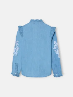 Blusa girl denim bordado flores blancas