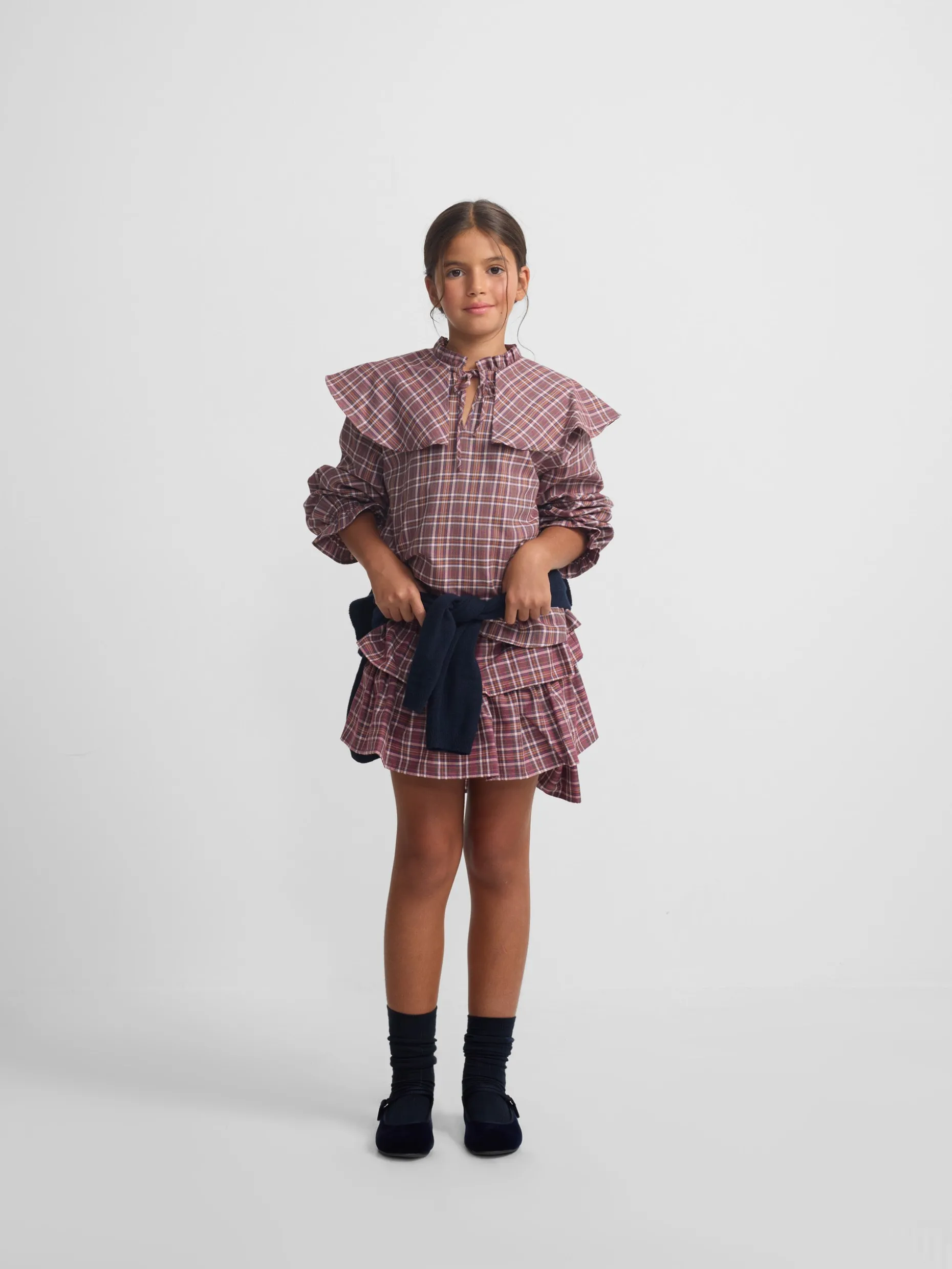 Blusa girl volante cuadros morados y rosas