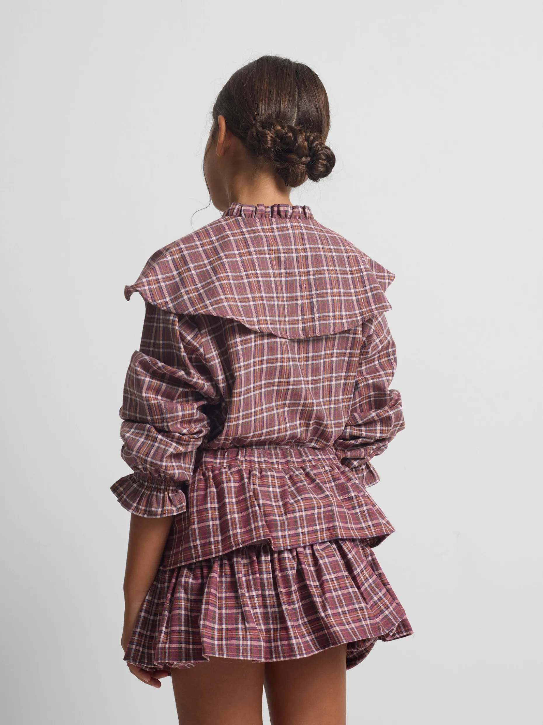 Blusa girl volante cuadros morados y rosas