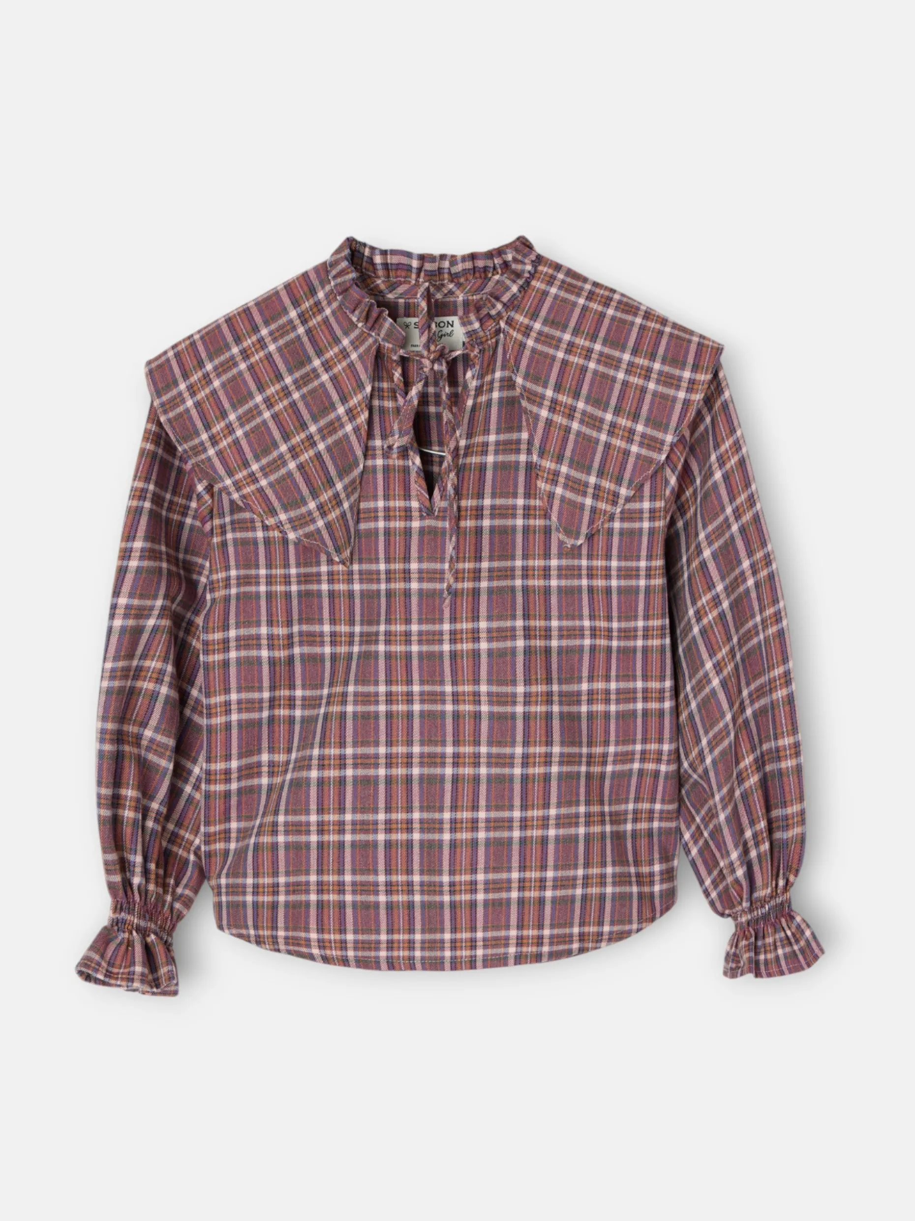 Blusa girl volante cuadros morados y rosas