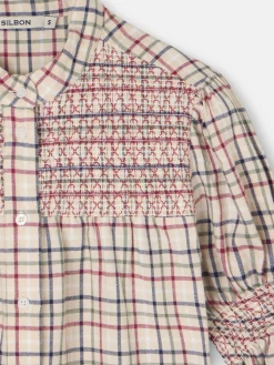 Camisa fruncidos cuadros granate y azul