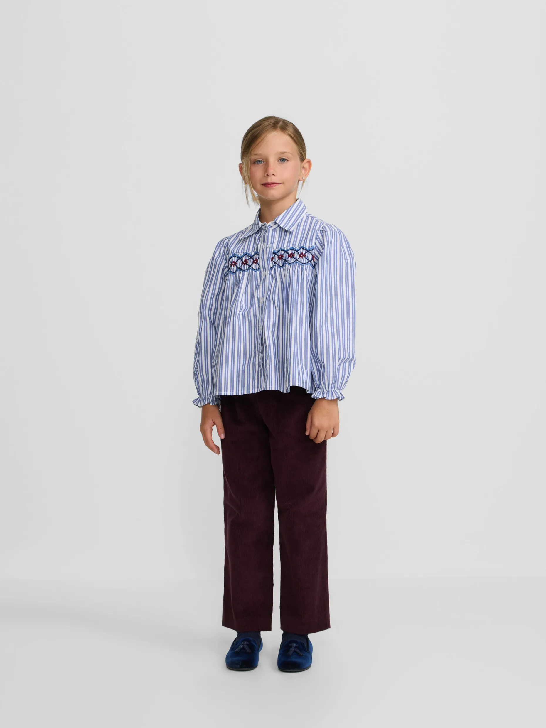 Camisa girl fruncidos rayas azul y blanca