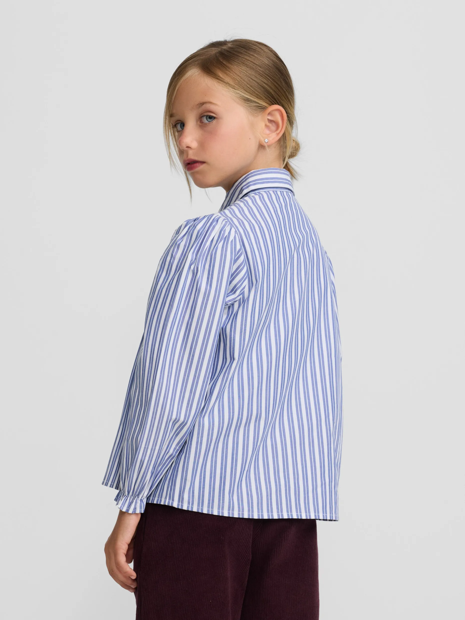 Camisa girl fruncidos rayas azul y blanca