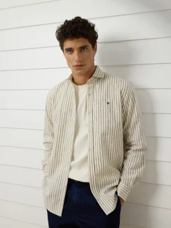 Camisa sport minilogo rayas verticales beige