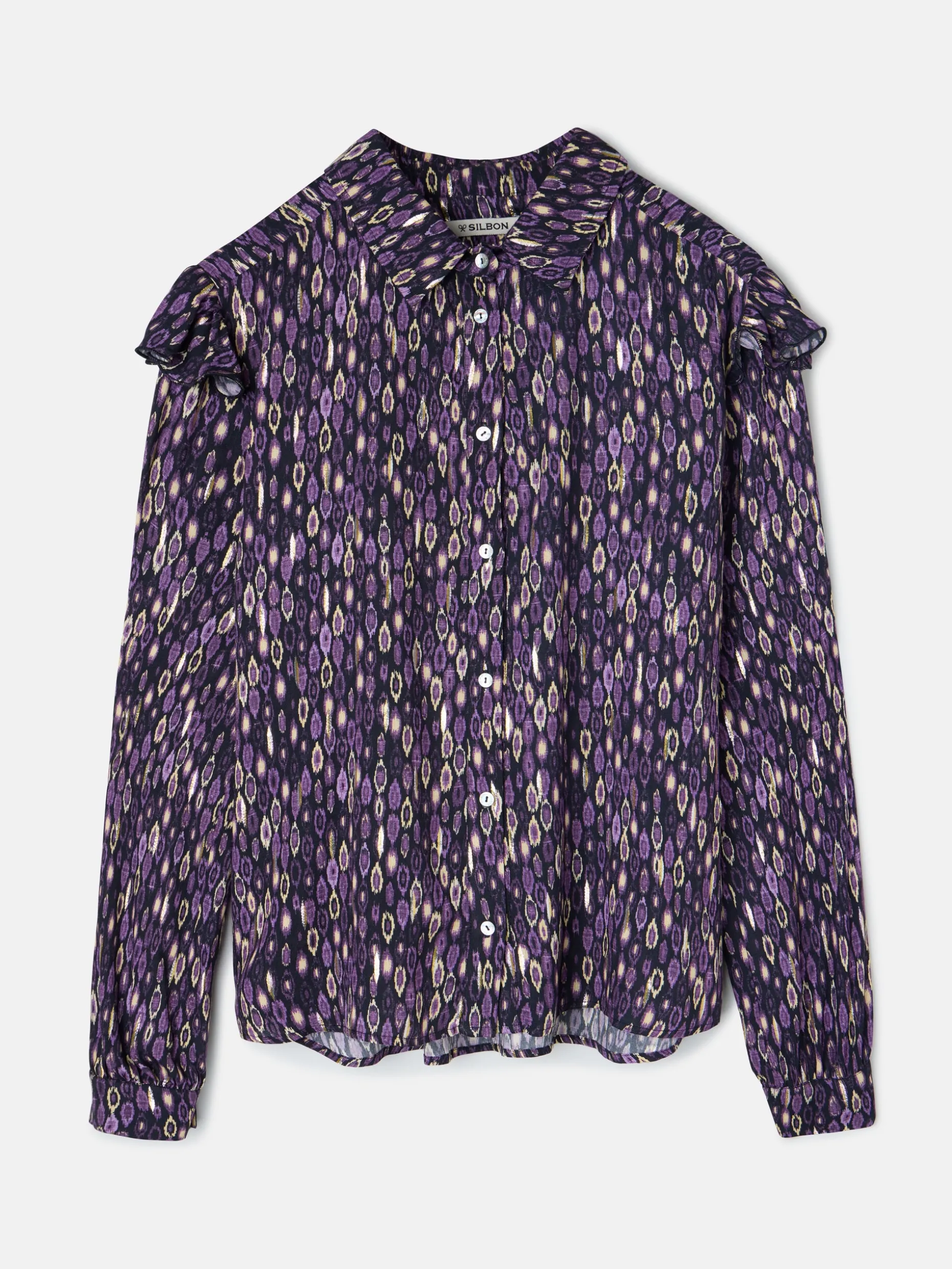 Camisa volantes hombro estampado ikat morados