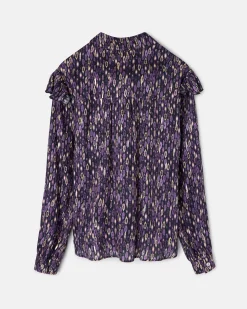 Camisa volantes hombro estampado ikat morados