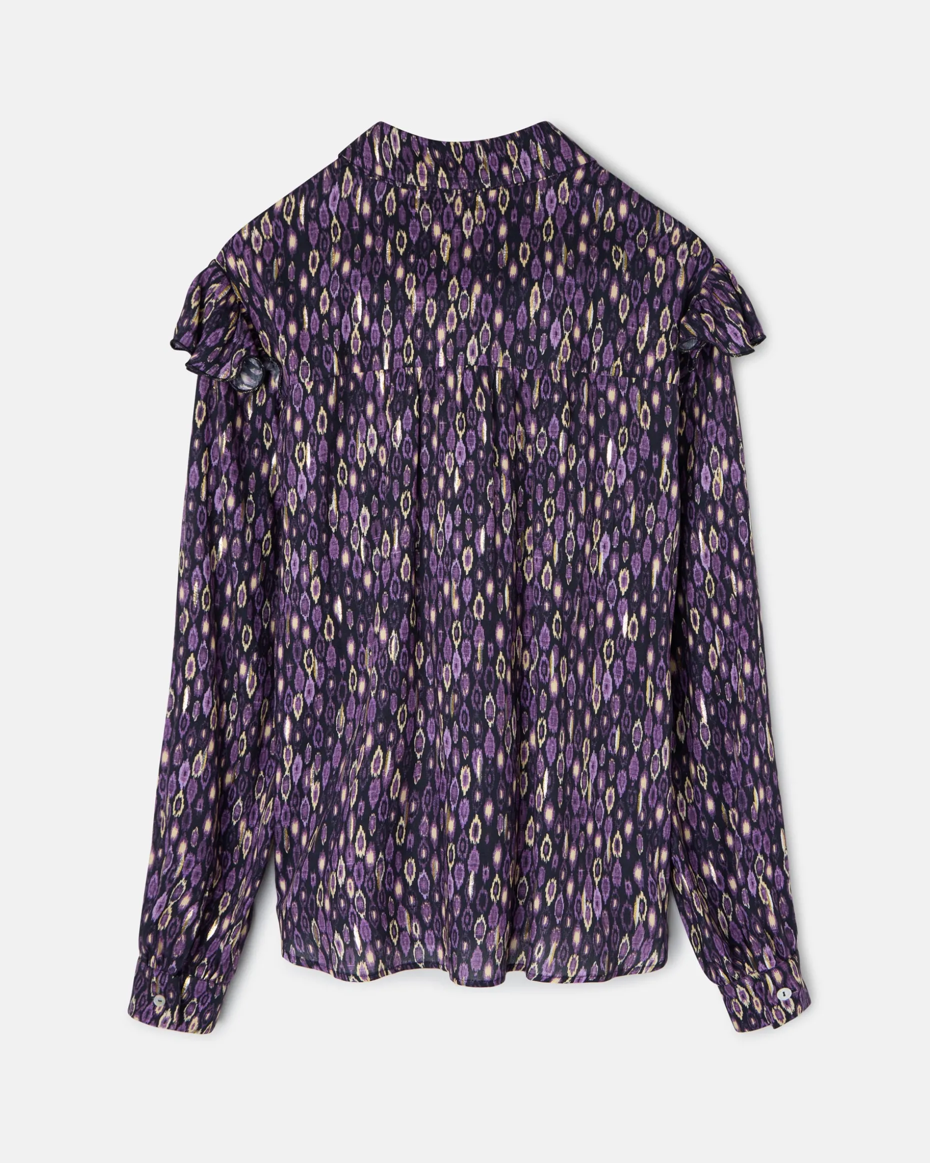 Camisa volantes hombro estampado ikat morados