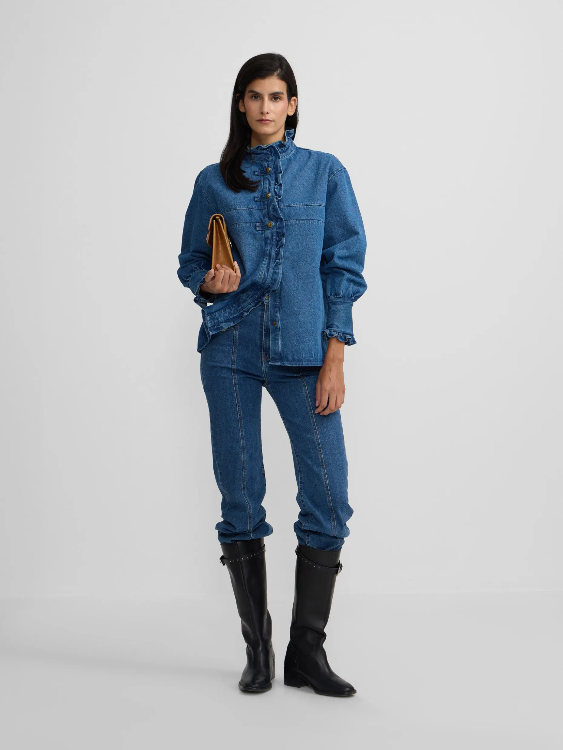 Camisa volantes solapa denim
