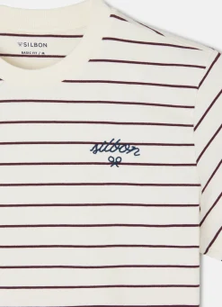 Camiseta raya fina burdeos crema