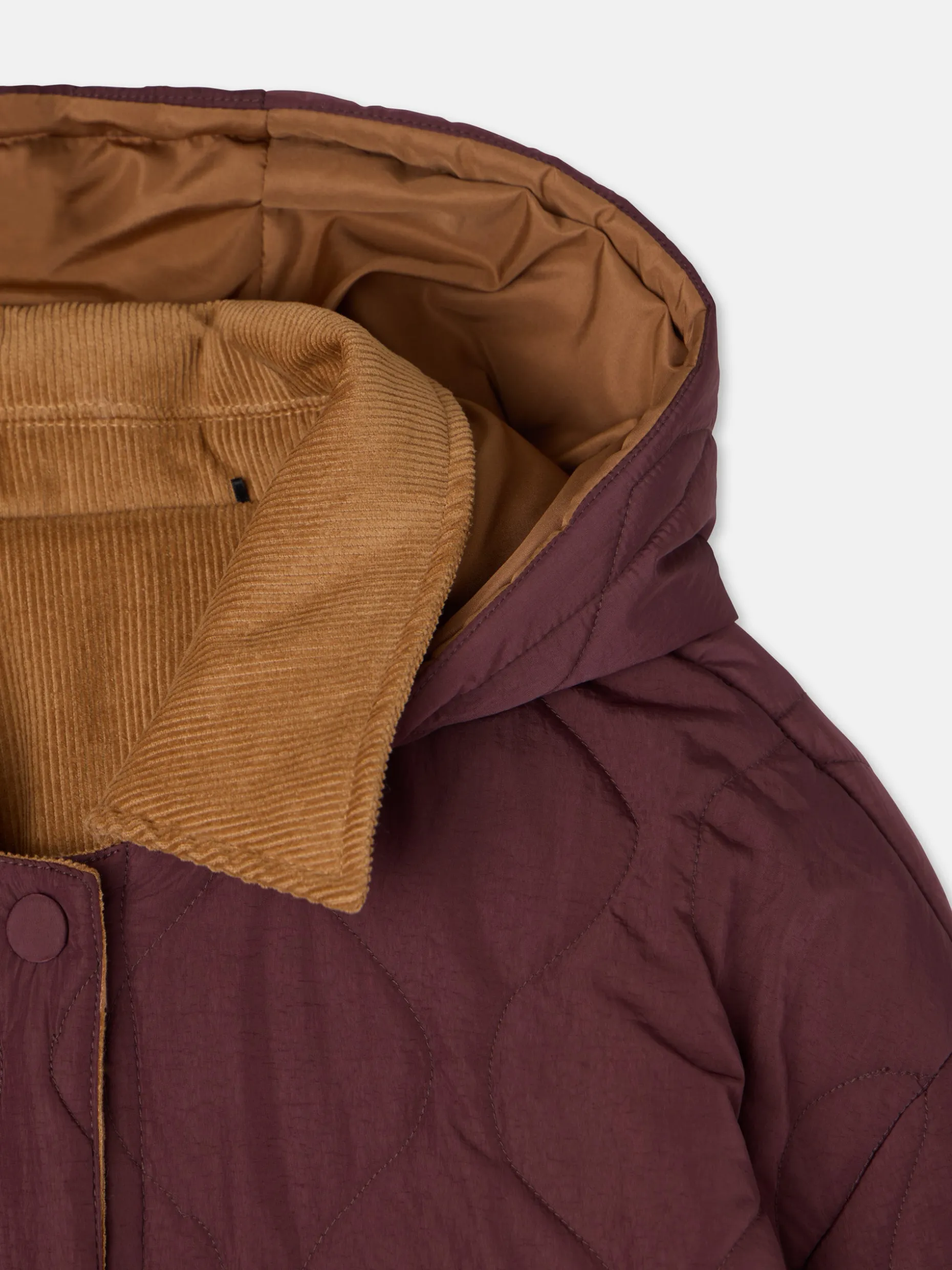 Parka larga acolchada detalles pana burdeos