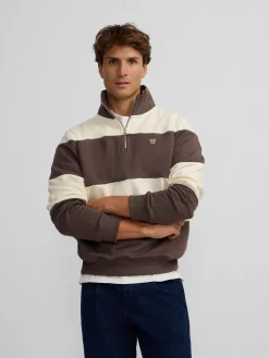 Sudadera media cremallera raya ancha marron