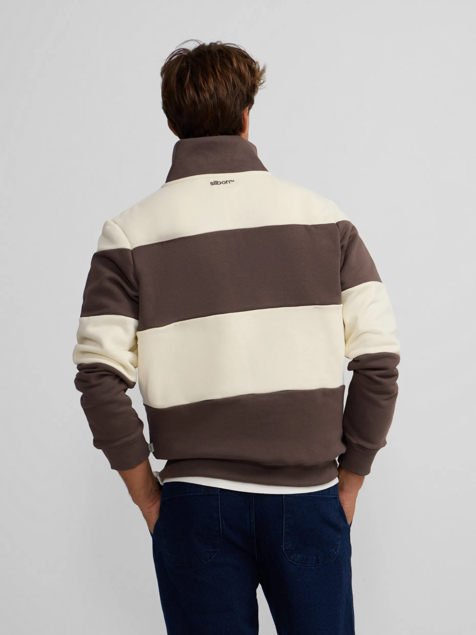Sudadera media cremallera raya ancha marron