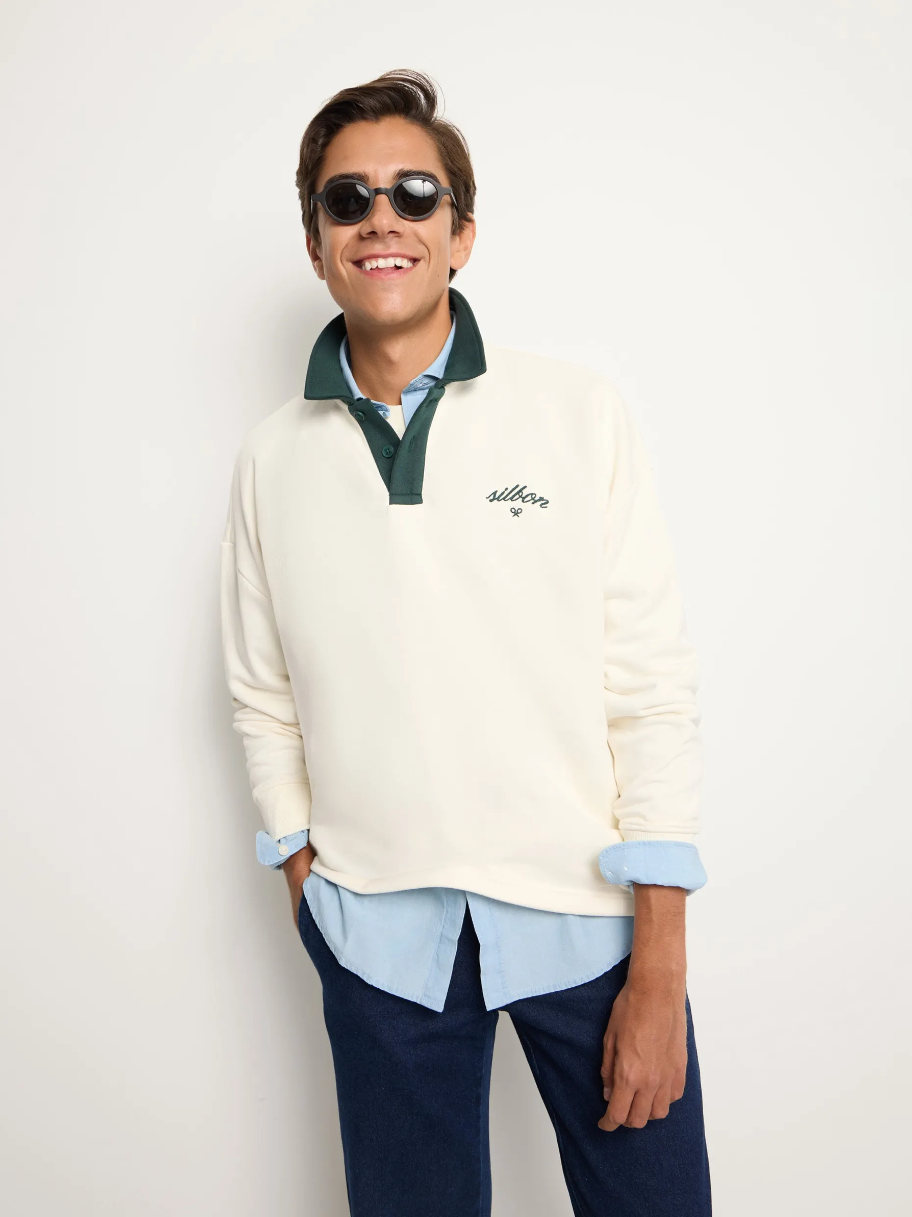 Sudadera Silbon cuello polo contraste crema