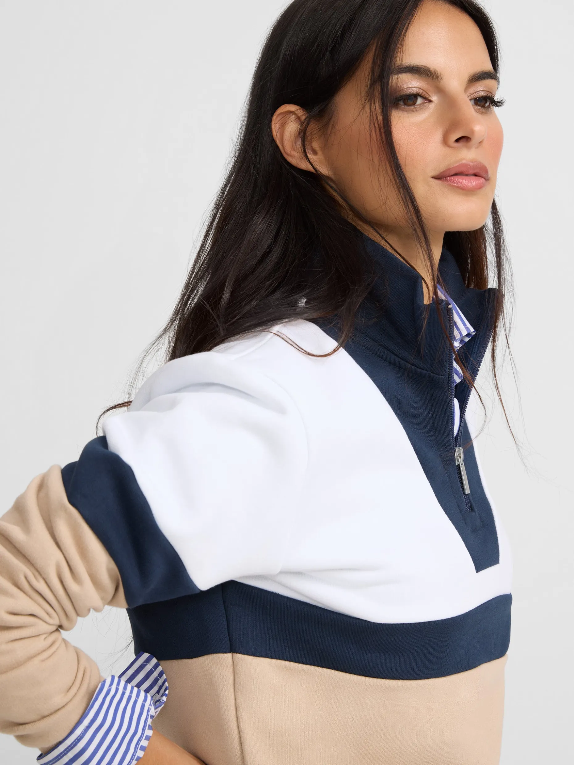 Sudadera woman tricolor azul marino y beige