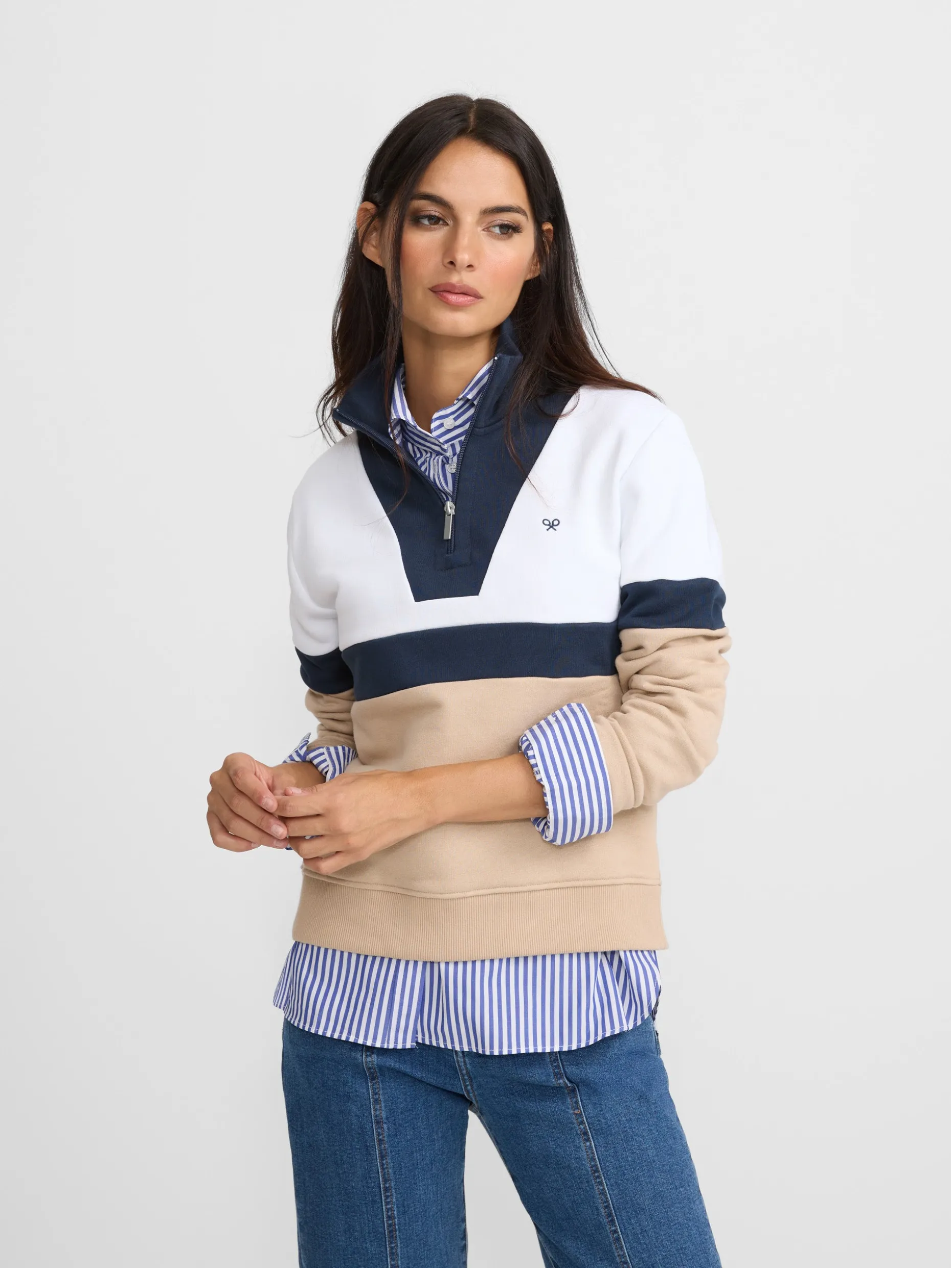 Sudadera woman tricolor azul marino y beige