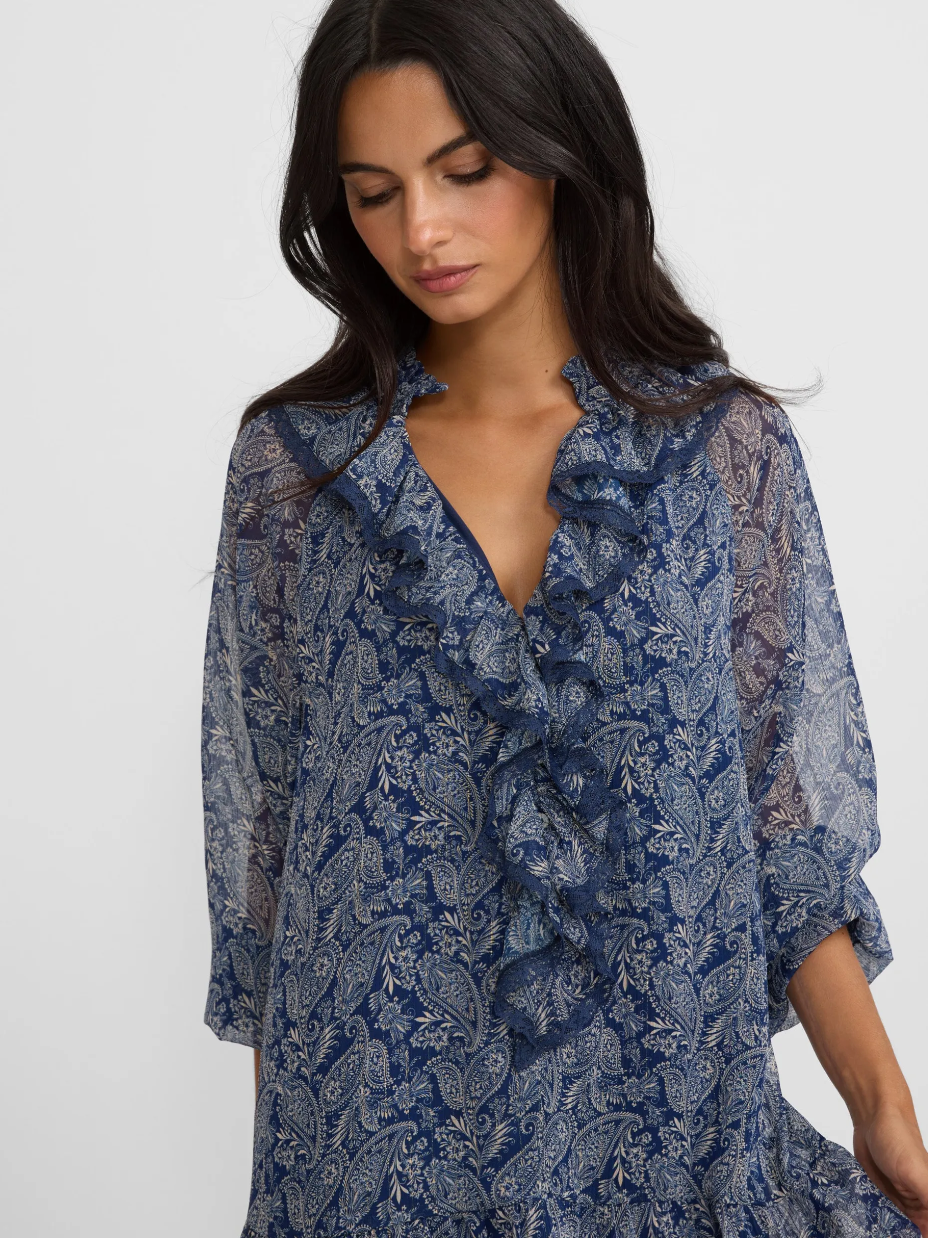 Vestido mini chorreras estampado azul